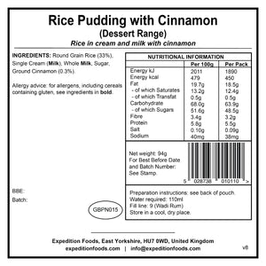 Expedition Foods Rice Pudding with Cinnamon (Breakfast/Dessert Range)
