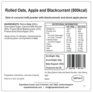 Expedition Foods Vegan Rolled Oats, Apple and Blackcurrant (800kcal)